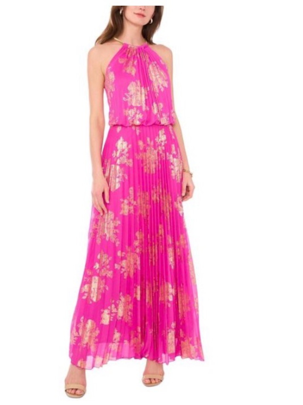 MSK Metallic Print Pleated Blouson Gown in Hot Pink Size 8
